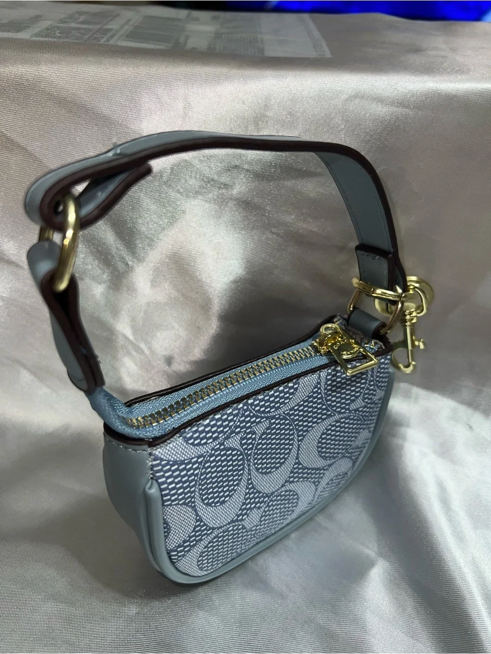 Coach Light Blue Signature Mini Cosmetic Pouch with Gold Logo